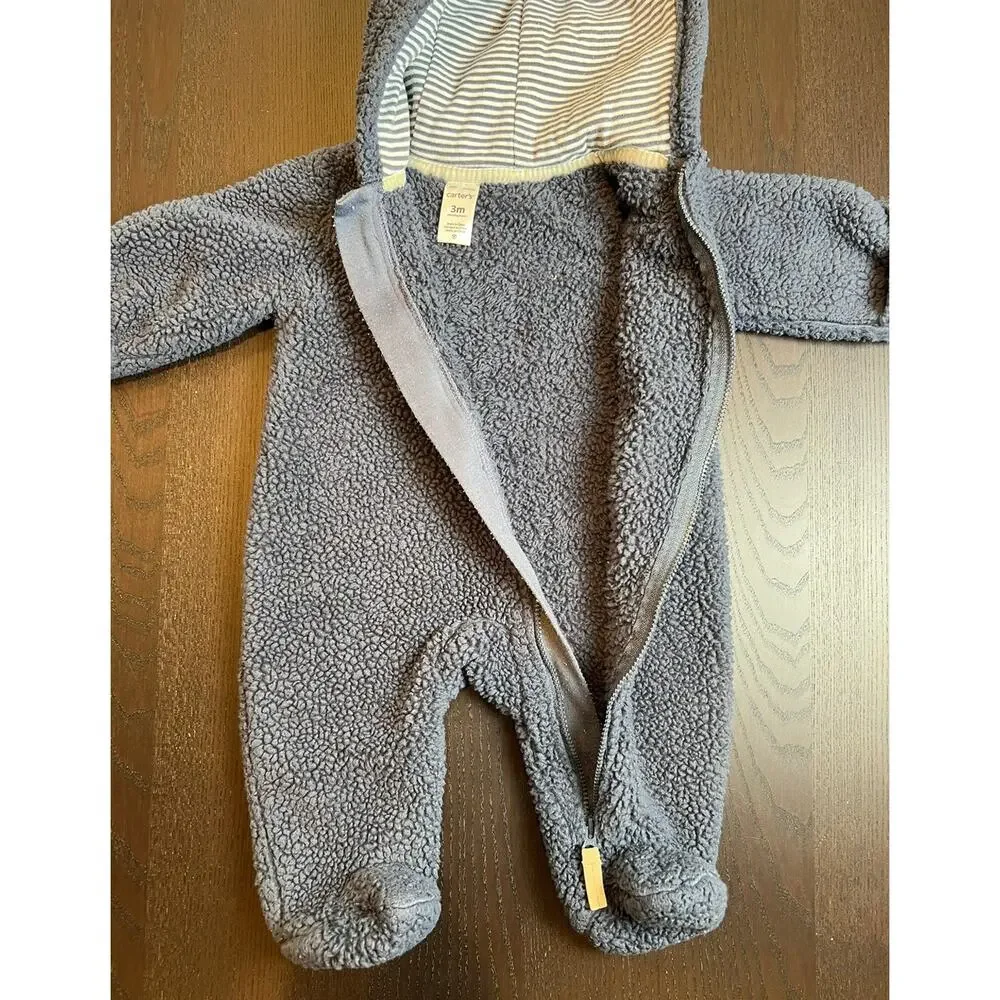 Carter's Baby Boy Navy Blue Teddy Bear Romper unisex 3 Months Sherpa Snowsuit